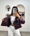 kadın premium trend luxury bordo suni deri tasarım biker ceket