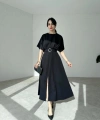 HAYALİM MODA Kemer Detaylı Yırtmaçlı Piliseli Midi Elbise