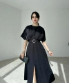 HAYALİM MODA Kemer Detaylı Yırtmaçlı Piliseli Midi Elbise