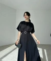HAYALİM MODA Kemer Detaylı Yırtmaçlı Piliseli Midi Elbise