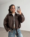 Kadın Oversize Bomber Premium Deri Ceket Kemerli