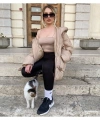 Kadın Bej Büyük Çift Cepli Kapüşonlu Oversize Şişme Mont