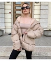 Kadın Bej Büyük Çift Cepli Kapüşonlu Oversize Şişme Mont