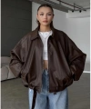 Kadın Oversize Deri Ceket– Oversize Relax Fit, Fermuarlı Kemer Detaylı Günlük Kadın Ceket-kahve