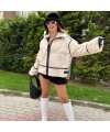 Kürklü Bej Biker Mont