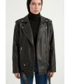 Kadın Oversize Biker Tesettür Deri Ceket