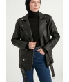 Kadın Oversize Biker Tesettür Deri Ceket