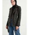 Kadın Oversize Biker Tesettür Deri Ceket