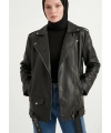 Kadın Oversize Biker Tesettür Deri Ceket