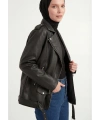 Kadın Oversize Biker Tesettür Deri Ceket