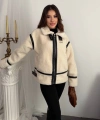 Kadın Şeritli Astarlı Peluş Kaban Mont