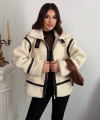 Kadın Şeritli Astarlı Peluş Kaban Mont
