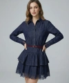 Kemerli Gömlek Yaka Dantel Garnili Jean Elbise Romantik Stil Mini Denim Elbise