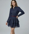Kemerli Gömlek Yaka Dantel Garnili Jean Elbise Romantik Stil Mini Denim Elbise
