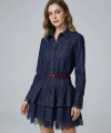 Kemerli Gömlek Yaka Dantel Garnili Jean Elbise Romantik Stil Mini Denim Elbise