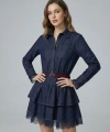 Kemerli Gömlek Yaka Dantel Garnili Jean Elbise Romantik Stil Mini Denim Elbise