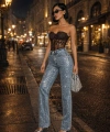 Kadın Taşlı Trend Kar Yıkama Mavi Yüksek Bel Palazzo Tasarım Jean Pantolon