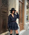 Kadın Lacivert Denim Fırfırlı Mini Elbise