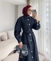 Gold Düğmeli Denim Tesettür Elbise