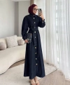 Gold Düğmeli Denim Tesettür Elbise
