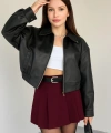Kadın Yeni Sezon Siyah Oversize Biker Crop Bomber Deri Ceket