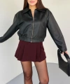 Kadın Yeni Sezon Siyah Oversize Biker Crop Bomber Deri Ceket