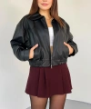Kadın Yeni Sezon Siyah Oversize Biker Crop Bomber Deri Ceket