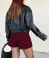 Kadın Yeni Sezon Siyah Oversize Biker Crop Bomber Deri Ceket