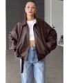 Oversize Kemerli Bomber Deri Ceket