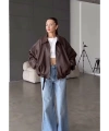 Oversize Kemerli Bomber Deri Ceket