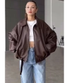 Oversize Kemerli Bomber Deri Ceket