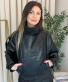 Kadın Dik Yaka Siyah Fermuarlı Deri Ceket