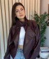 Kadın Dik Yaka Bordo Fermuarlı Deri Ceket