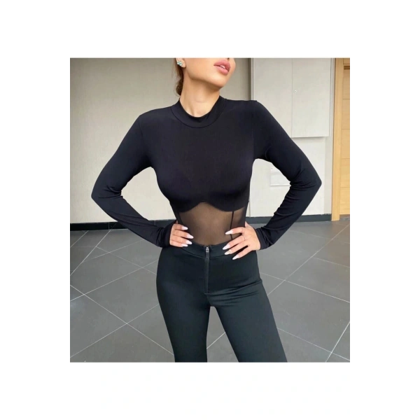 Kadın Siyah Transparan Tül Detay Bluz