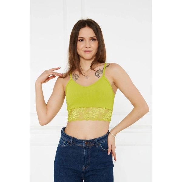 Kadın Fıstık Yeşili Dantelli Crop Bluz