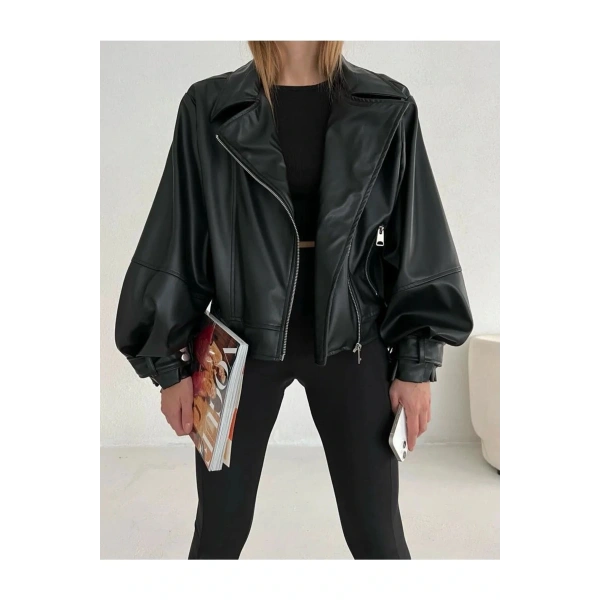 Kadın Suni Deri Geniş Kollu Biker Ceket