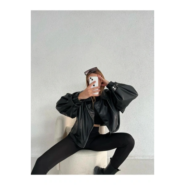 Kadın Suni Deri Geniş Kollu Biker Ceket