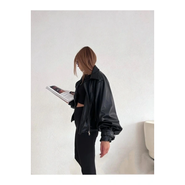 Kadın Suni Deri Geniş Kollu Biker Ceket