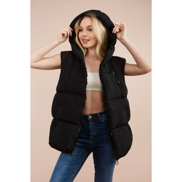Kadın Siyah Kapüşonlu Oversize Şişme Yelek