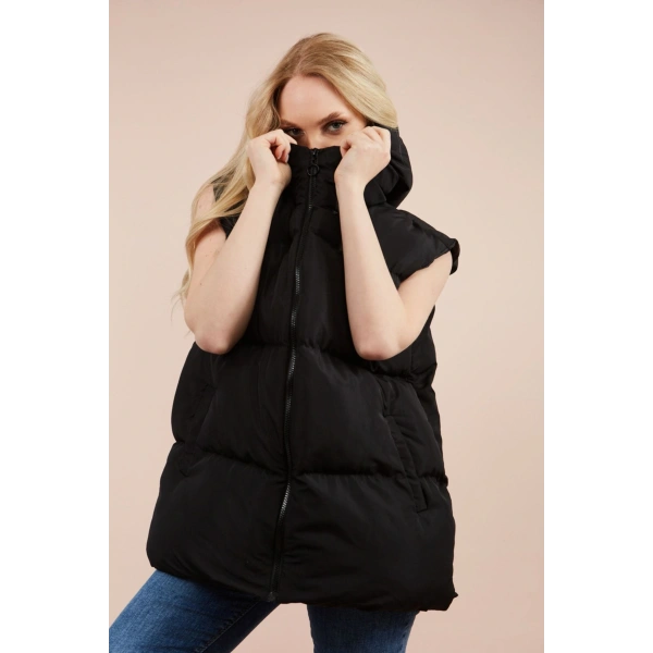 Kadın Siyah Kapüşonlu Oversize Şişme Yelek