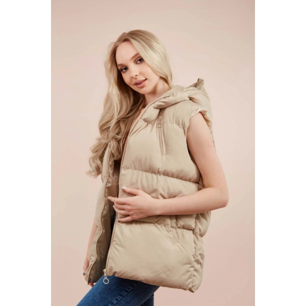 Kadın Krem Kapüşonlu Oversize Şişme Yelek