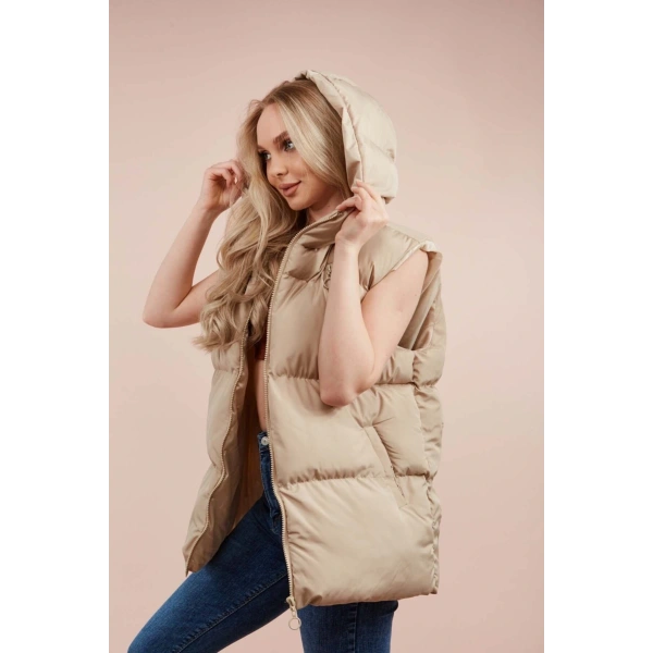 Kadın Krem Kapüşonlu Oversize Şişme Yelek