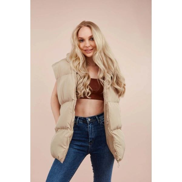 Kadın Krem Kapüşonlu Oversize Şişme Yelek