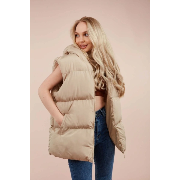 Kadın Krem Kapüşonlu Oversize Şişme Yelek