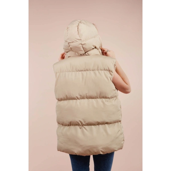Kadın Krem Kapüşonlu Oversize Şişme Yelek