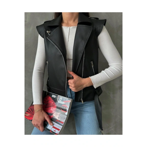 Kadın Siyah Deri Biker Yelek