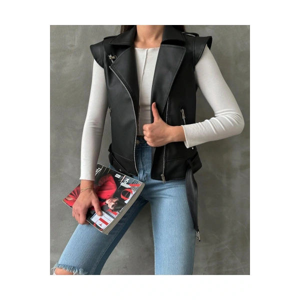 Kadın Siyah Deri Biker Yelek