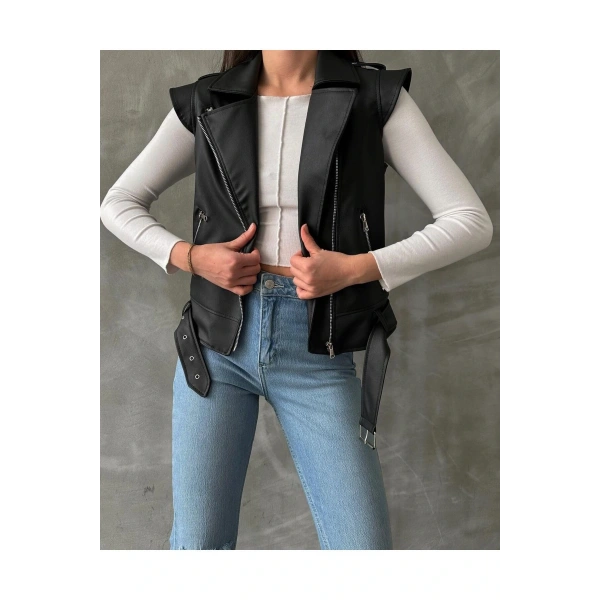 Kadın Siyah Deri Biker Yelek