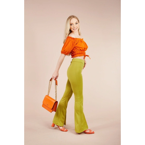 Kadın Yeşil Paçası Yırtmaçlı Ispanyol Tayt Pantolon