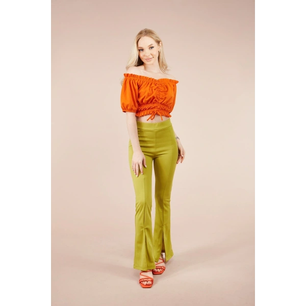 Kadın Yeşil Paçası Yırtmaçlı Ispanyol Tayt Pantolon